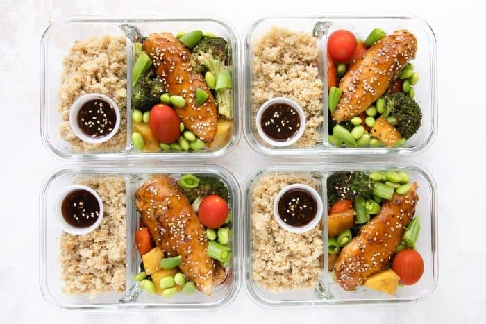 meal prep ideas- chicken teriyaki with quinoa and roasted vegetables