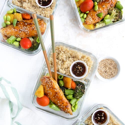three meal prep trays with Chicken Teriyaki veggies and rice
