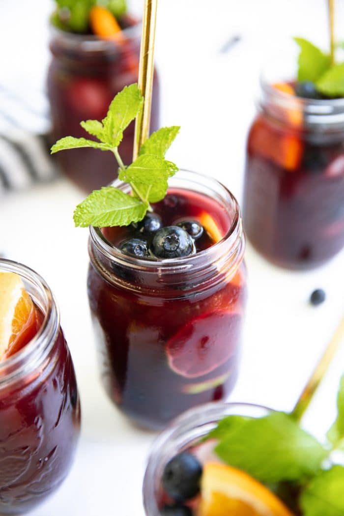 Mason Jars filled with Blueberry Sangria