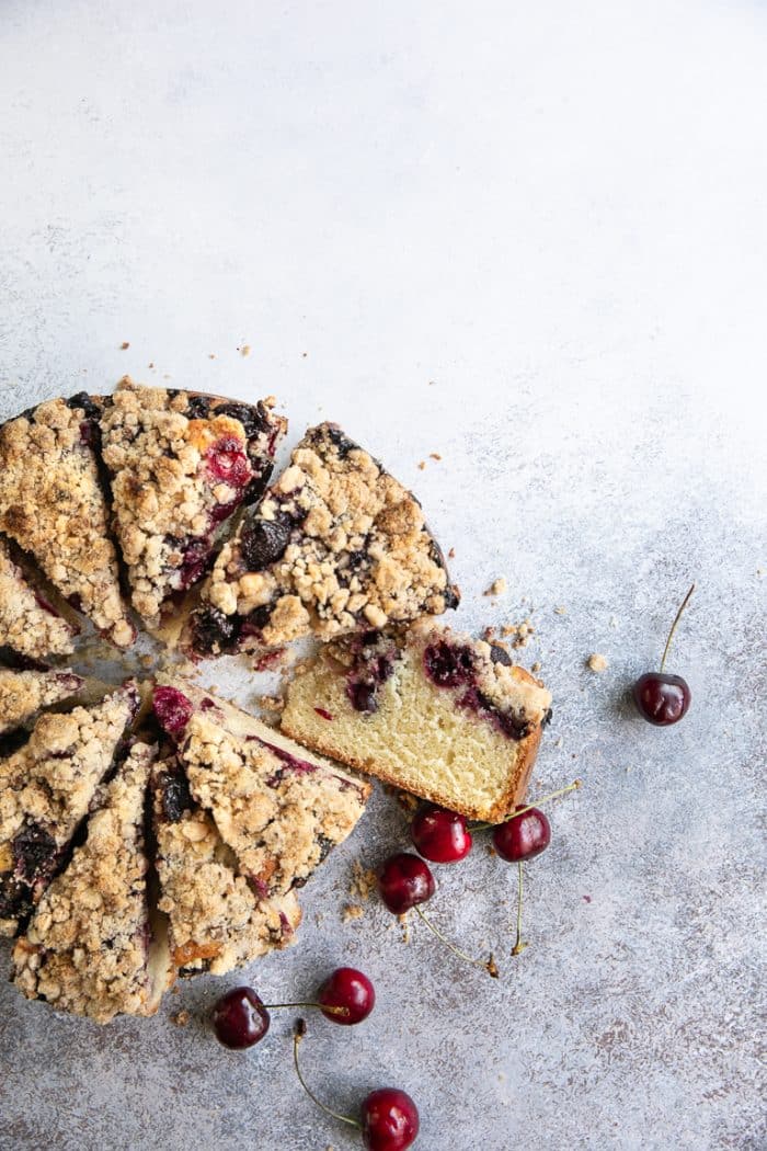 buttery and bright cherry coffee cake with fresh cherries