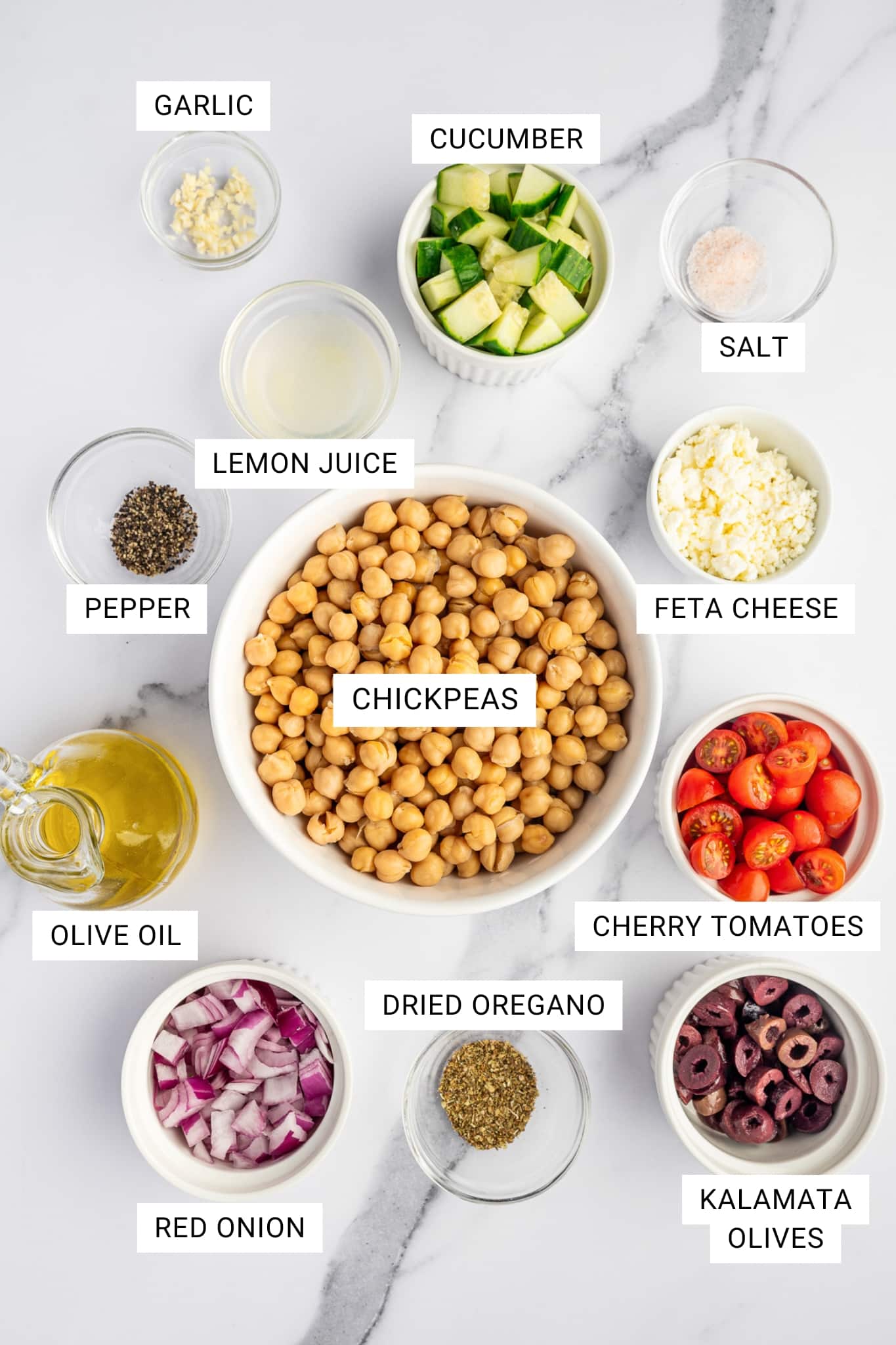 Labeled ingredient image for Mediterranean Chickpea Salad showing chickpeas in a white bowl, cucumber, cherry tomatoes, Kalamata olives, red onion, feta cheese, olive oil, lemon juice, garlic, dried oregano, salt, and pepper on a white marble background, with black text labels on white rectangles.