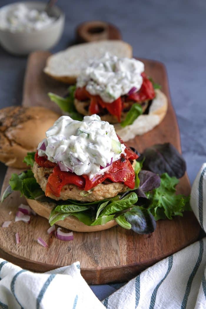 Mediterranean Grilled Turkey Burgers with roasted red bell peppers