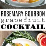 Three glasses of rosemary bourbon grapefruit cocktail served over ice and garnished with fresh rosemary sprigs and citrus wedges. The cocktails are displayed on a white tray with fresh grapefruit, lemon slices, and sprigs of rosemary scattered around for a bright and refreshing presentation.