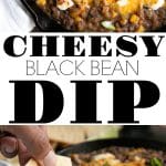 A skillet filled with cheesy black bean dip, topped with melted cheese and sliced green onions. A hand is dipping a tortilla chip into the hot, bubbly dip.