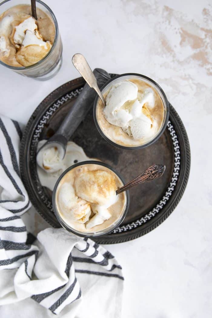 Overhead of a silver platter with two Affogato ready to be served.