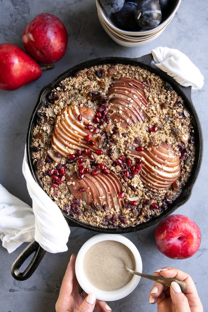 Baked Oatmeal in a large cast iron skillet.