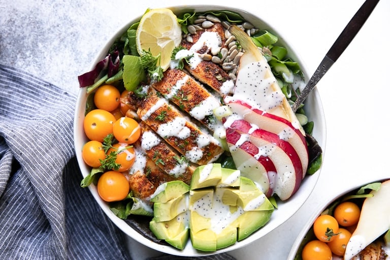 Overhead image of Autumn Chicken and Pear Salad with Poppyseed Dressing