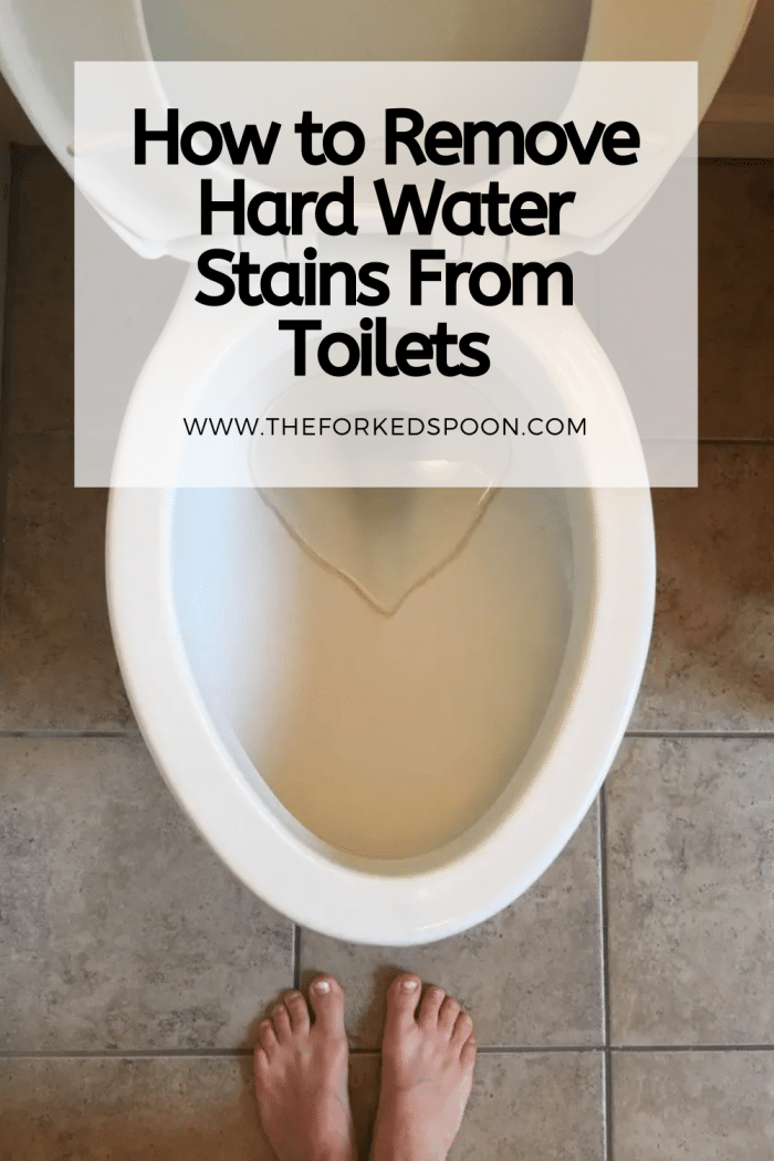 Image of toilet with brown ring and text overlay showing How to Remove Hard Water Stains from Toilets