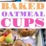 Baked oatmeal cups on a white tray, filled with purple yogurt and topped with fresh fruit including figs, kiwi, pomegranate seeds, grapes, and peaches.