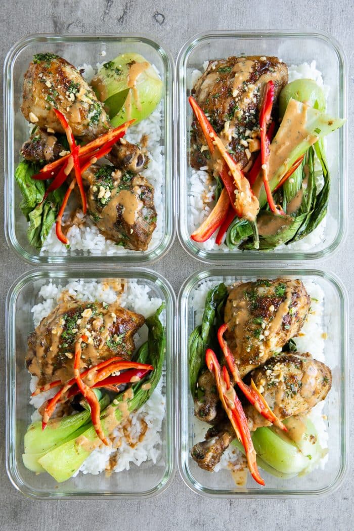 Meal prep Thai chicken with rice and bok choy