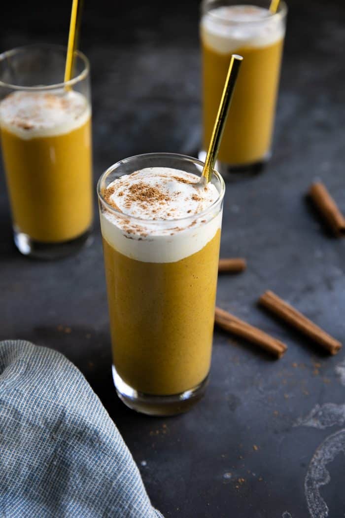 Glasses filled with pumpkin pie smoothie recipe drinks