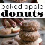 Collage of baked apple donuts coated in cinnamon sugar, featuring a close-up of a single donut and a stack of donuts with fresh apple slices and cinnamon sticks.