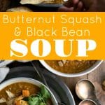 Bowl of butternut squash and black bean soup topped with roasted butternut squash, fresh cilantro, and a dollop of sour cream, served with tortilla chips on the side.