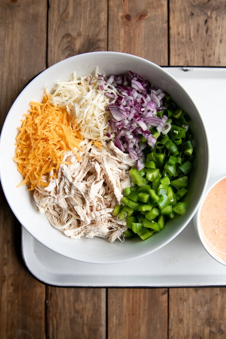 Stuffing ingredients use in cheesy buffalo chicken spaghetti squash boat recipe