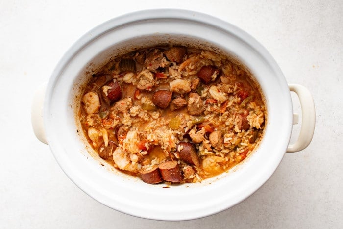 Fully cooked jambalaya with sausage, shrimp, chicken, and rice.