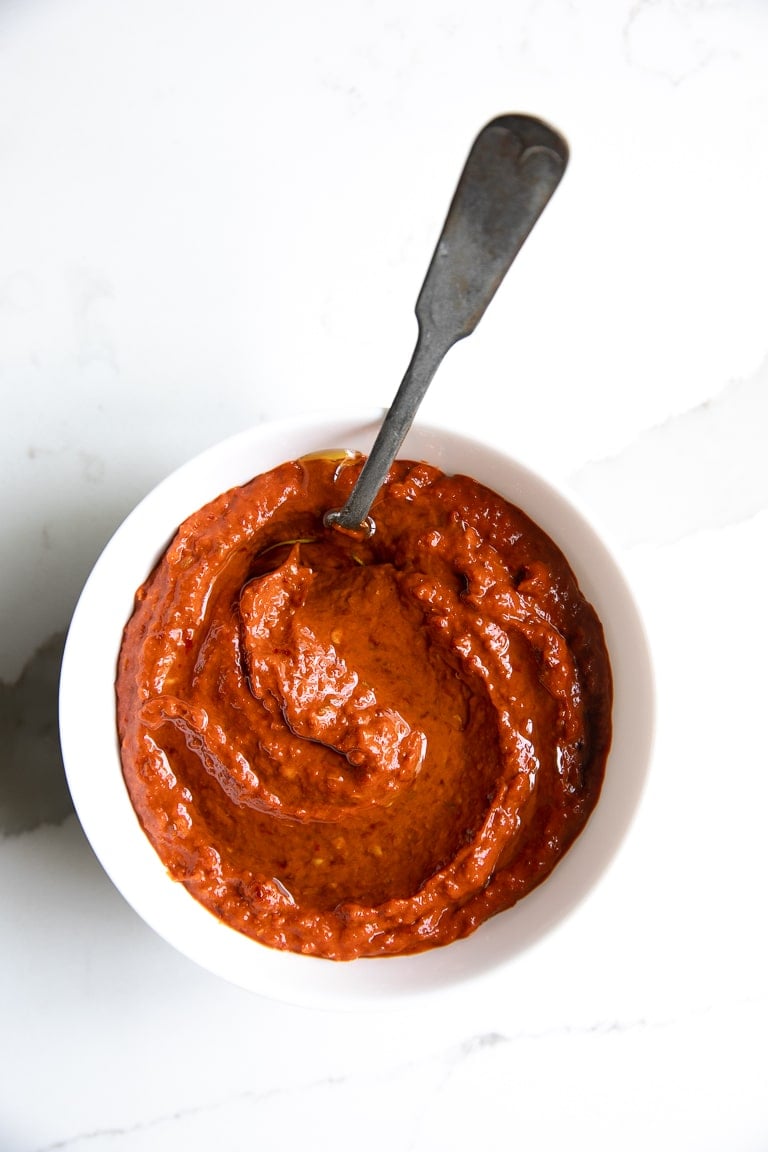 A bowl of fully made Harissa Paste