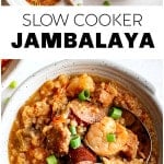 Collage of slow cooker jambalaya images including the slow cooker and bowls of the finished dish with a bold text overlay.