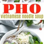 Collage of homemade Vietnamese pho noodle soup being assembled and served, featuring fresh herbs, rare beef, rice noodles, bok choy, lime, and chili in a white bowl.