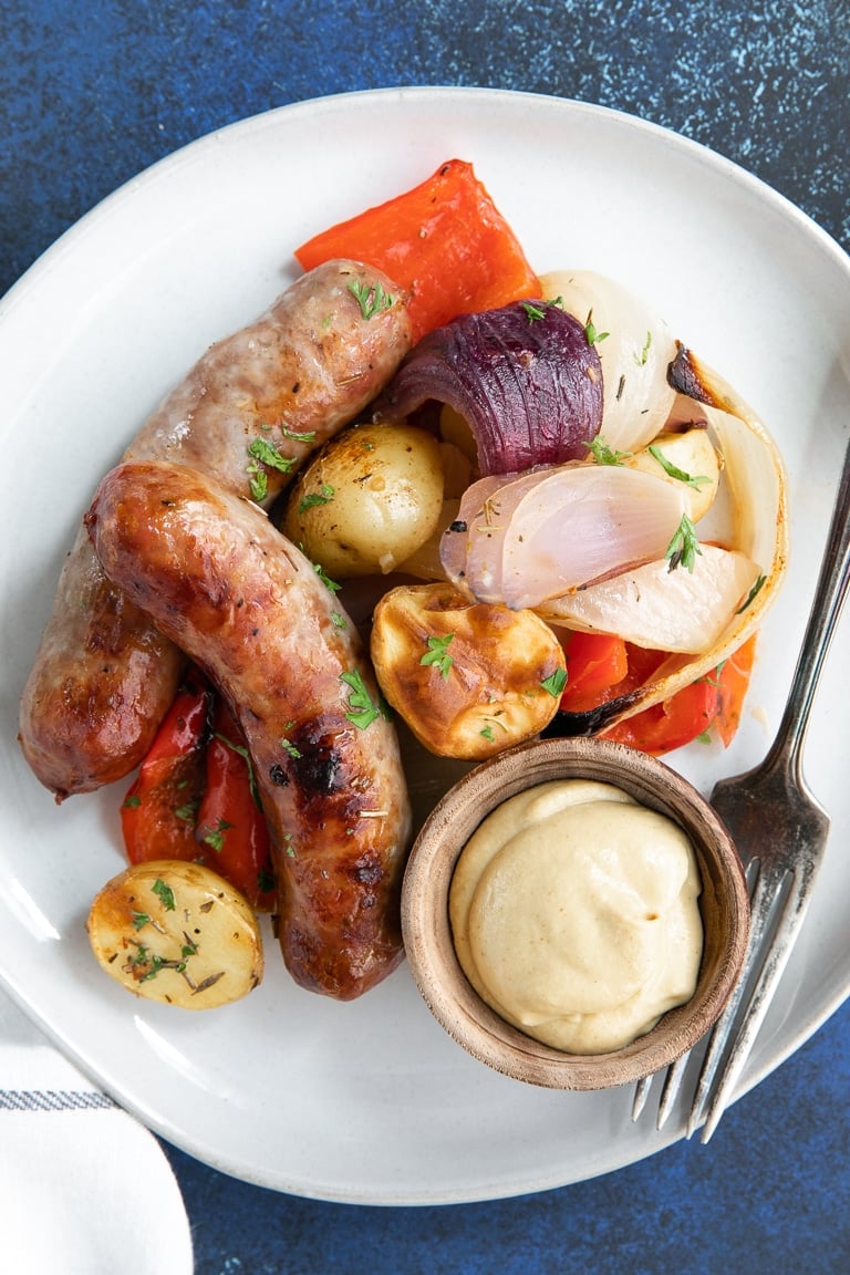 Easy Oven-Roasted Sausage and Potatoes Recipe with mustard