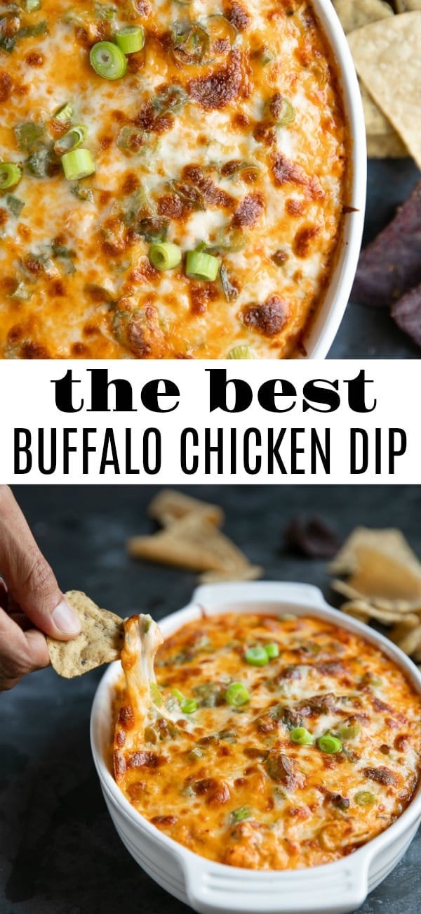 The BEST Buffalo Chicken Dip #chicken #buffalosauce #chickendip #buffalochickendip #buffalochicken #partydip #bakeddip | For this recipe and more visit, https://theforkedspoon.com/buffalo-chicken-dip-recipe
