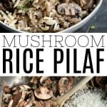 Homemade mushroom rice pilaf topped with slivered almonds and fresh thyme in a white bowl, with a process shot of sautรฉed mushrooms and uncooked rice in a skillet.