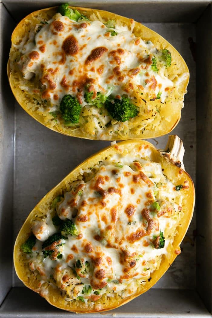 Chicken And Broccoli Stuffed Spaghetti Squash Video The Forked Spoon