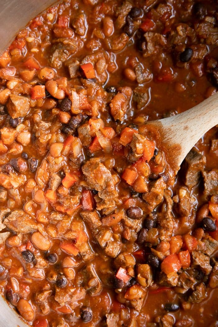 Pot filled with steak chili.