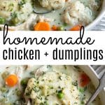 Two bowls of creamy homemade chicken and dumplings filled with fluffy dumplings, shredded chicken, carrots, celery, peas, and topped with fresh herbs.