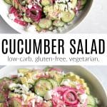 A fresh cucumber salad with sliced cucumbers, creamy avocado, tangy pickled red onions, and crumbled feta cheese, served in a white bowl.
