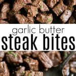 Close-up of juicy garlic butter steak bites seared to perfection and garnished with chopped parsley, served in a skillet with a metal spatula.
