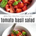 Fresh tomato basil salad in a white bowl, made with sliced red tomatoes, fresh basil leaves, and mozzarella balls, drizzled with olive oil and balsamic vinegar.