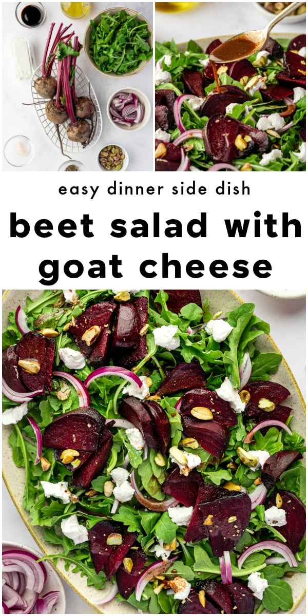 Overhead view of colorful beet salad with goat cheese, arugula, pistachios, and balsamic vinaigrette, an easy dinner side dish.