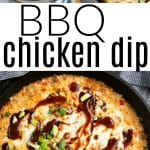 A collage showing how to make BBQ chicken dip: the top left shows a mixing bowl filled with shredded chicken, cream cheese, cheddar cheese, green onions, barbecue sauce, and sautรฉed onions. The top right shows a hand dipping a chip into the hot, cheesy dip. The bottom image features a cast iron skillet filled with bubbly, golden-brown BBQ chicken dip, drizzled with barbecue sauce and sprinkled with fresh green onions.