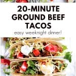 Stacked hard-shell ground beef tacos topped with tomatoes, sour cream, lettuce, and cheese.