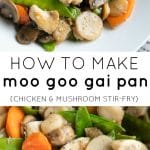 Bowl of Moo Goo Gai Pan featuring stir-fried chicken, mushrooms, carrots, snow peas, and water chestnuts, all glistening in a savory sauce.