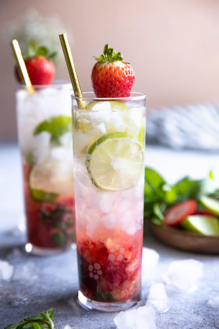 Strawberry mojito with lime and fresh strawberry.
