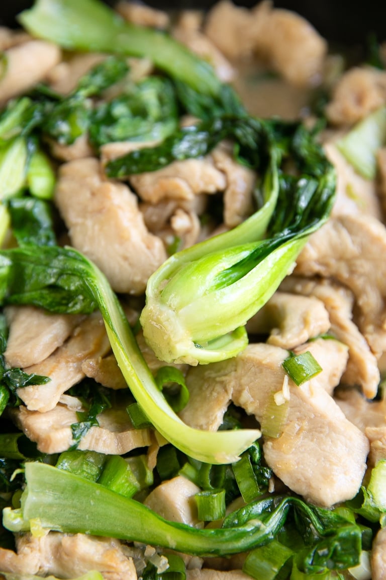 Close up image of chicken stir fry and baby bok choy.