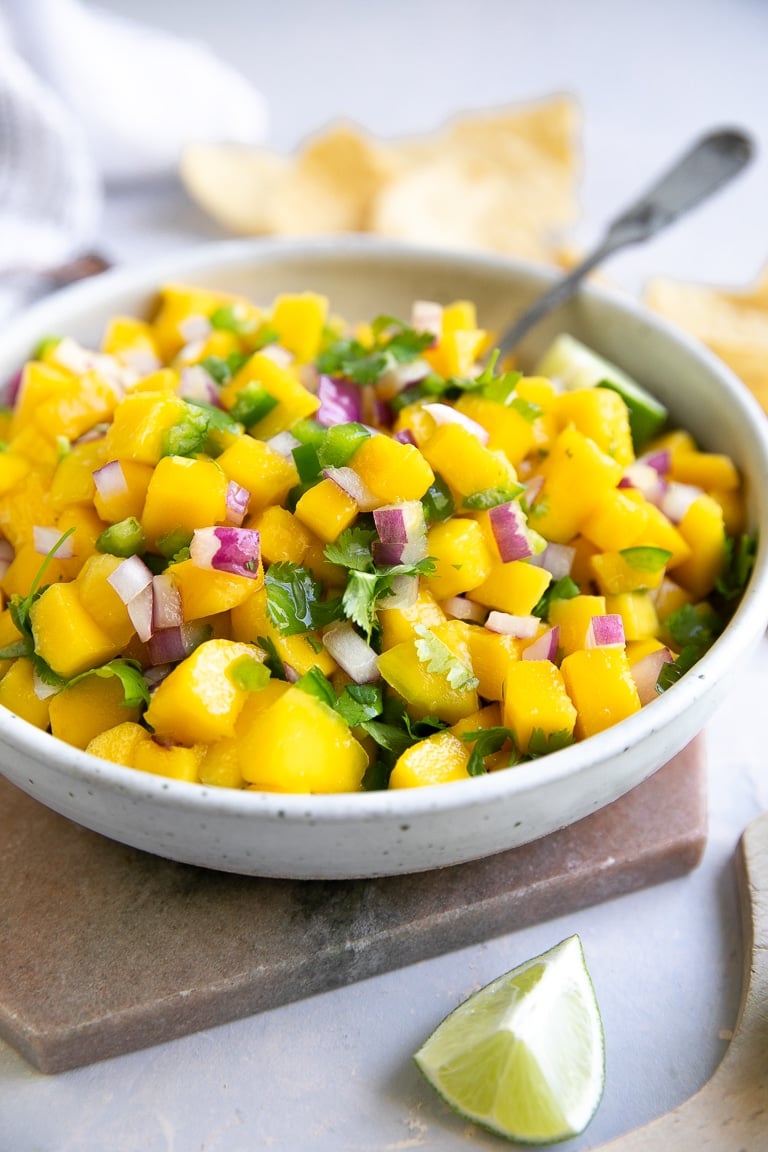 Bowl of fresh mango salsa.