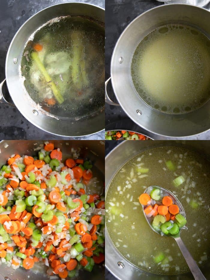 Four image collage showing the steps involved in making homemade chicken noodle soup. The first image shows the chicken stock being simmered, the second image shows the clear chicken stock strained and back in the pot, the third image shows the vegetables cooking in a large Dutch oven, and the fourth image shows the vegetables simmering in homemade chicken stock.