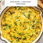 Vertical Pinterest pin image featuring a baked egg frittata in a cream-colored enameled cast iron braiser on a white marble surface. A large white text box overlay at the top reads โEGG FRITTATAโ in bold black letters and โBASE RECIPE + 5 DELICIOUS VARIATIONSโ in smaller black text below, separated by a thin green line. The frittata is golden yellow with melted cheese, visible broccoli, spinach, onions, and red bell pepper, and chopped chives scattered over the top. Seeded bread is visible in the upper right corner, a white kitchen towel with thin black stripes is under the pan, a small white bowl of shredded cheese is partially visible at the lower left, and โthe forked spoonโ appears in small black text near the bottom.
