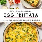 Vertical Pinterest pin collage on a white background featuring two small images at the top and one large image at the bottom. The top left image shows labeled ingredients for egg frittata, and the top right image shows a plated slice of frittata. Centered text overlay reads โHOW TO MAKE A PERFECTโ in black uppercase letters, โEGG FRITTATAโ in large bold black uppercase letters, and โPERFECT FOR BREAKFAST, LUNCH, AND DINNERโ in smaller black uppercase letters below, with a thin pink line between the title and subtitle. The bottom image shows the full baked egg frittata in a cream-colored enameled cast iron braiser garnished with chopped chives. โtheforkedspoon.comโ appears in black text near the bottom.