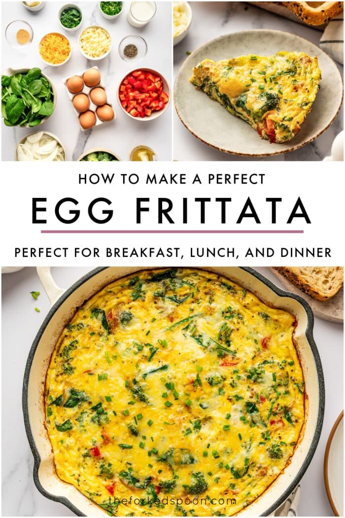 Vertical Pinterest pin collage on a white background featuring two small images at the top and one large image at the bottom. The top left image shows labeled ingredients for egg frittata, and the top right image shows a plated slice of frittata. Centered text overlay reads “HOW TO MAKE A PERFECT” in black uppercase letters, “EGG FRITTATA” in large bold black uppercase letters, and “PERFECT FOR BREAKFAST, LUNCH, AND DINNER” in smaller black uppercase letters below, with a thin pink line between the title and subtitle. The bottom image shows the full baked egg frittata in a cream-colored enameled cast iron braiser garnished with chopped chives. “theforkedspoon.com” appears in black text near the bottom.