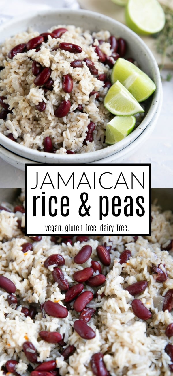 bowl of traditional Jamacian Rice and Peas with limes, Peas are kidney beans.