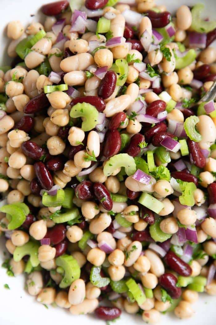 Close up image of prepared three bean salad.