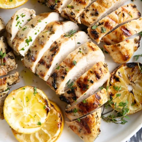 Grilled and sliced Greek marinated chicken breasts.