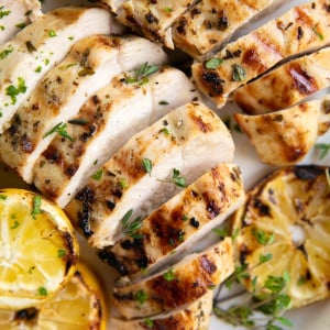Grilled and sliced Greek marinated chicken breasts.