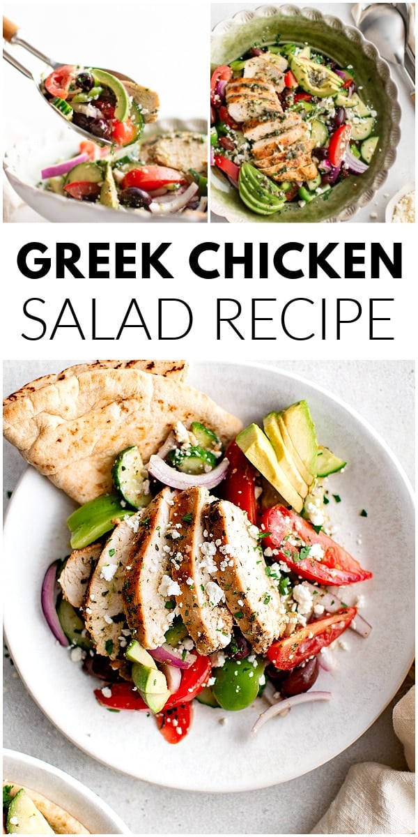 A vertical collage Pinterest pin with multiple images of Greek Chicken Salad—from the final plated shot to a serving spoon lifting a bite, highlighting its fresh and colorful ingredients