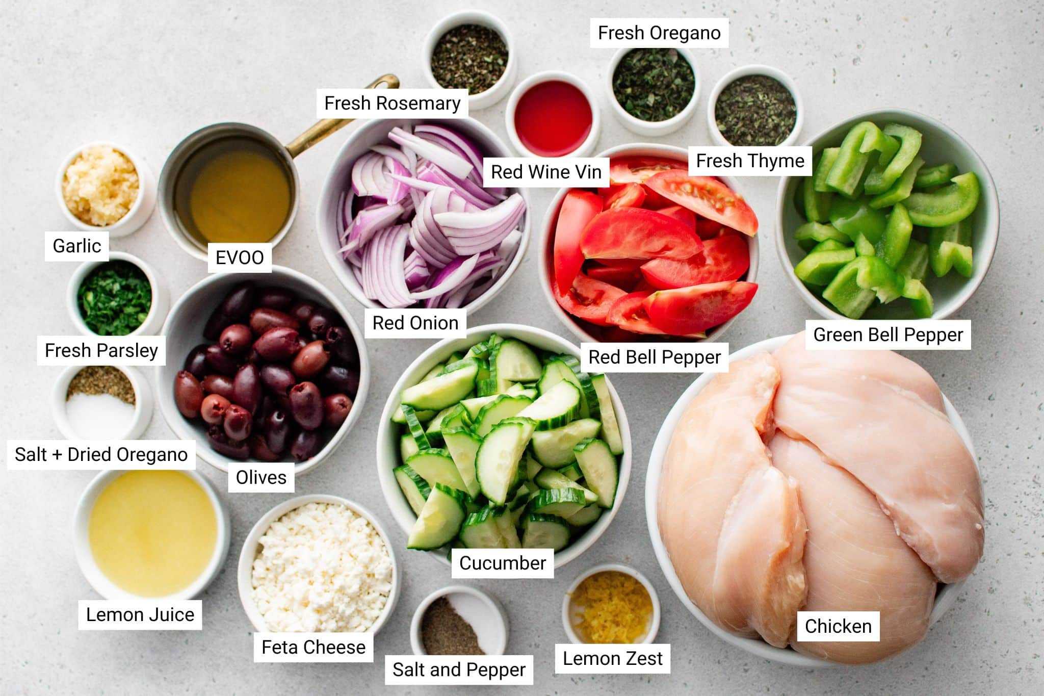 Labeled ingredients for Greek Chicken Salad including herbs, vegetables, feta, and raw chicken.