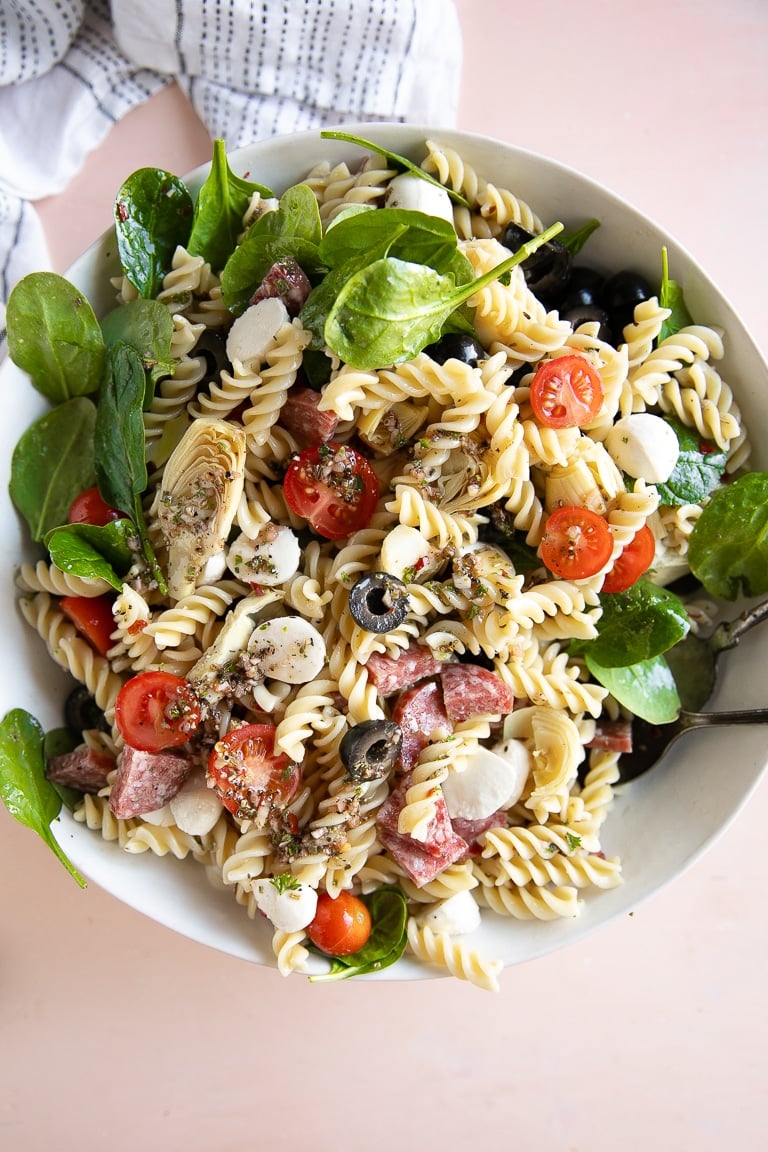 Overhead image of the best Italian pasta salad recipe.