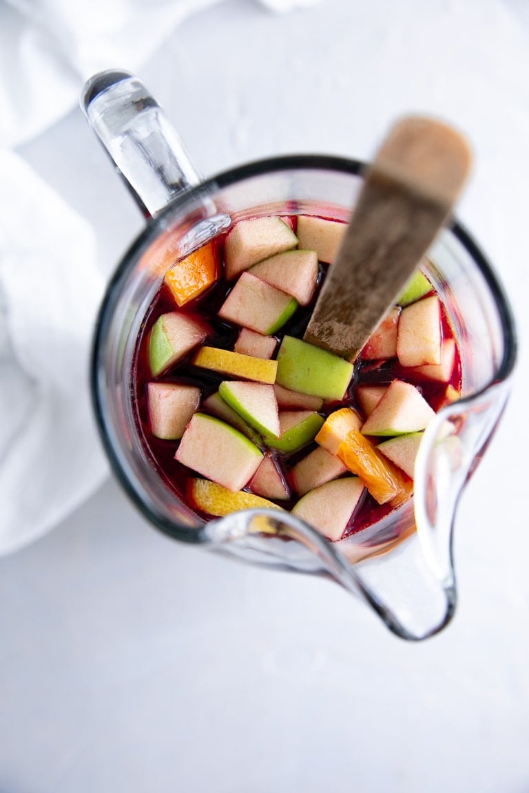 Large pitcher filled with the best sangria recipe.